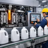 Extrusion Blow Moulding Machine India operating in a modern factory producing plastic bottles on an automated conveyor system