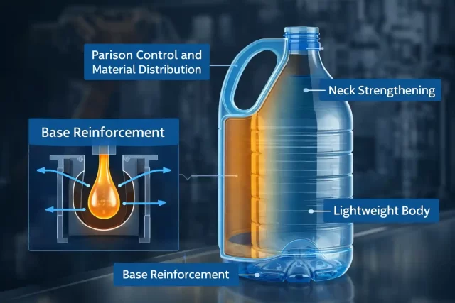 Blow Moulding India process illustrating parison control and wall thickness distribution in plastic bottle design using Blow Moulding Machine in India