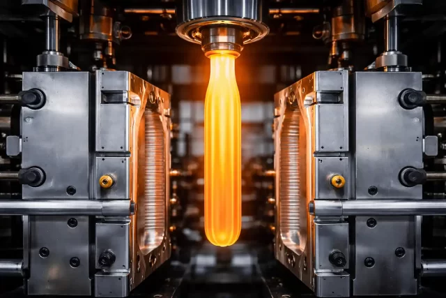 Close-up of molten plastic parison in Extrusion Blow Moulding Machine India during moulding process with precision metal components