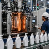 Extrusion blow moulding machine manufacturers India production line showing machine in operation with molten parison forming, workers monitoring output, and conveyor with plastic containers