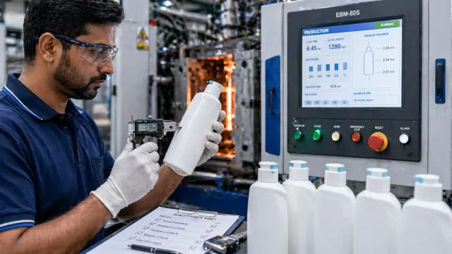 Extrusion blow moulding machine manufacturers India quality inspection process with technician measuring plastic bottle thickness and PLC control panel for precision monitoring