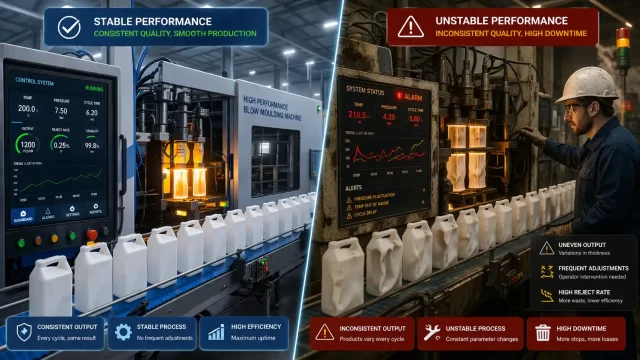 Comparison of stable and unstable machine performance highlighting consistent output and defects, showcasing reliability differences among Blow Moulding Machine Manufacturers in India.