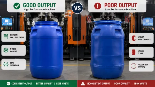 Comparison of good and poor output quality in 100 litre blow moulding machines showing wall thickness consistency and production defects