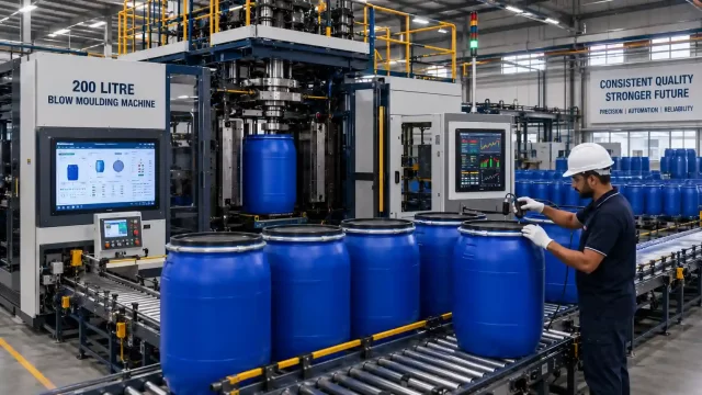 Quality inspection of HDPE drums manufactured using equipment from 200 Litre Blow Moulding Machines Manufacturers in India for consistent wall thickness, dimensional accuracy, and product quality