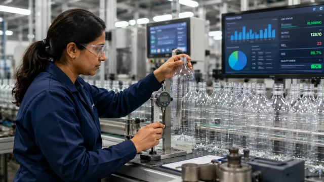 Quality control inspection at a PET Bottle Blowing Machine Manufacturer India facility using precision measurement tools to verify PET bottle consistency and production efficiency