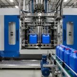 A modern 30-litre blow moulding machine manufactures in India, HDPE plastic containers in an industrial production facility.