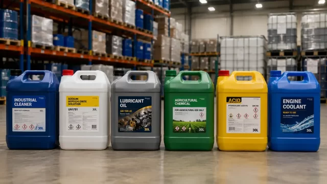 Various 30 litre HDPE plastic containers manufactured for chemical, lubricant, agricultural and industrial applications.