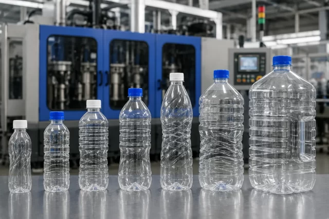 Different PET bottle formats produced using blow moulding equipment