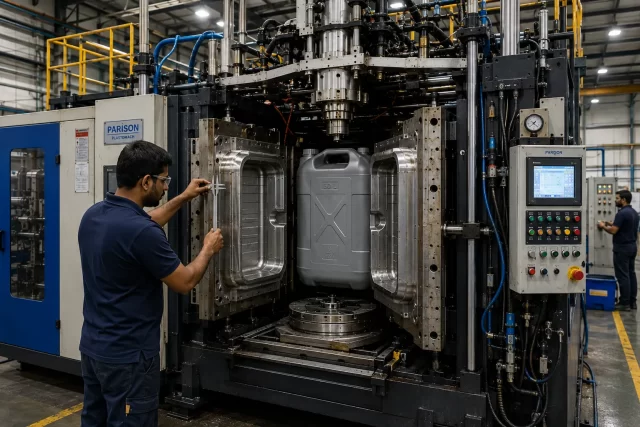 engineer checking mould compatibility on an extrusion blow moulding machine